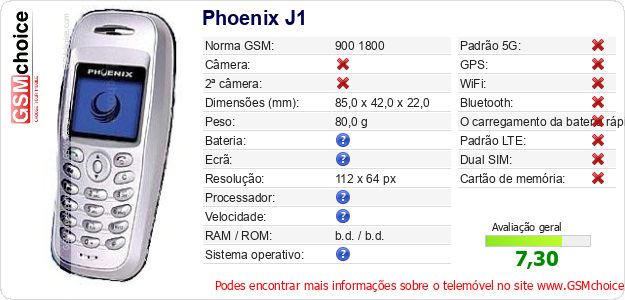 Phoenix J1 Especificações técnicas do telemóvel Phoenix J1 Especificações técnicas do telemóvel