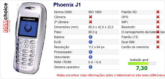 Phoenix J1 Especificações técnicas do telemóvel Phoenix J1 Especificações técnicas do telemóvel