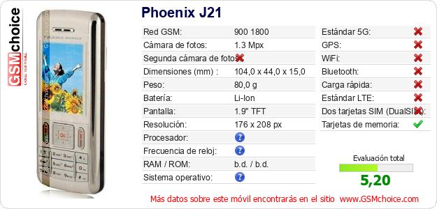 Phoenix J21 Datos técnicos del móvil 