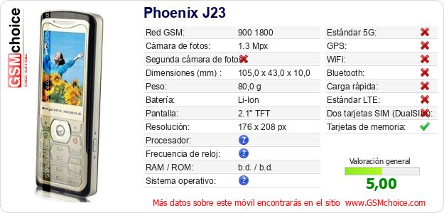 Phoenix J23 Datos técnicos del móvil Phoenix J23 Datos técnicos del móvil