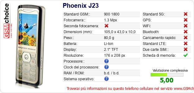 Phoenix J23 Dati tecnici di telefono cellulare 