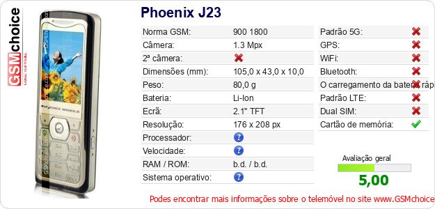 Phoenix J23 Especificações técnicas do telemóvel Phoenix J23 Especificações técnicas do telemóvel