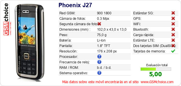 Phoenix J27 Datos técnicos del móvil Phoenix J27 Datos técnicos del móvil