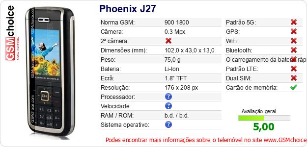 Phoenix J27 Especificações técnicas do telemóvel Phoenix J27 Especificações técnicas do telemóvel