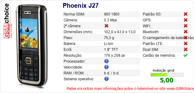 Phoenix J27 Especificações técnicas do telemóvel 