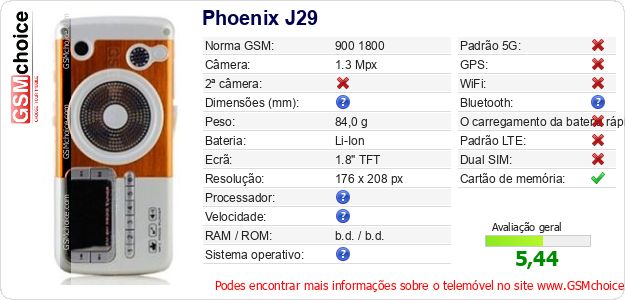 Phoenix J29 Especificações técnicas do telemóvel 