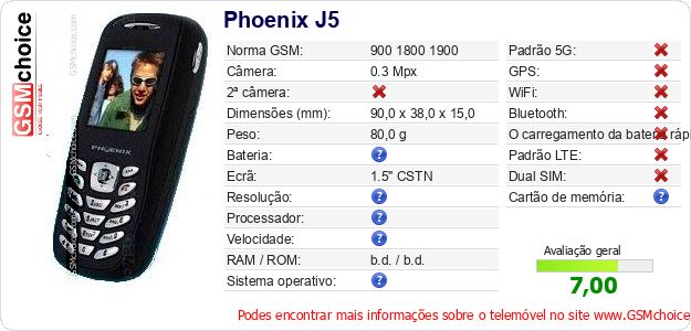 Phoenix J5 Especificações técnicas do telemóvel 