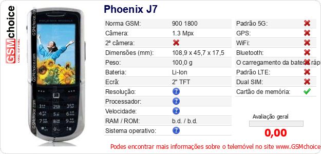 Phoenix J7 Especificações técnicas do telemóvel 