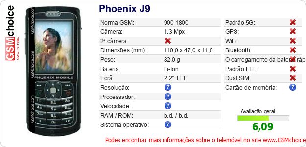 Phoenix J9 Especificações técnicas do telemóvel 