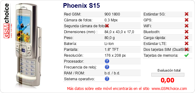 Phoenix S15 Datos técnicos del móvil Phoenix S15 Datos técnicos del móvil