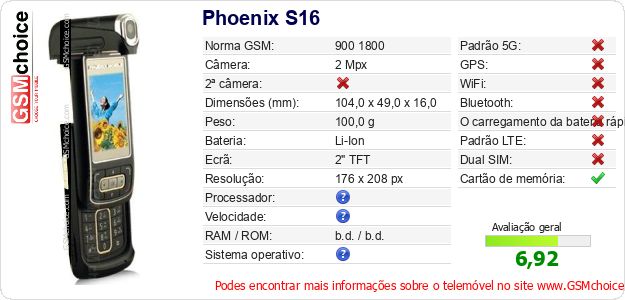 Phoenix S16 Especificações técnicas do telemóvel 