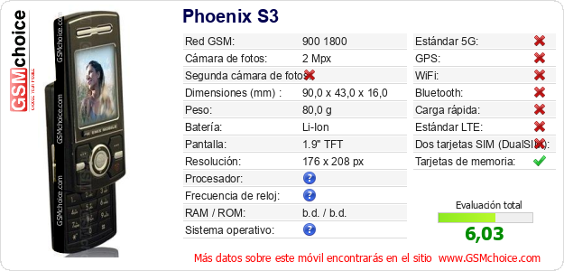 Phoenix S3 Datos técnicos del móvil Phoenix S3 Datos técnicos del móvil