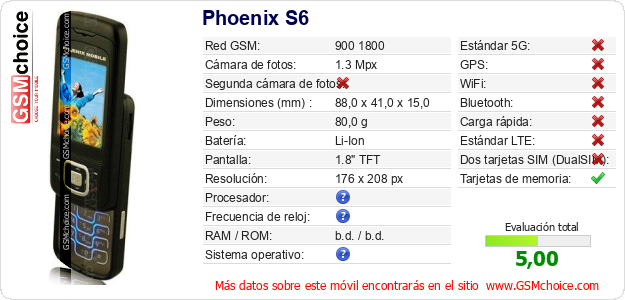 Phoenix S6 Datos técnicos del móvil Phoenix S6 Datos técnicos del móvil