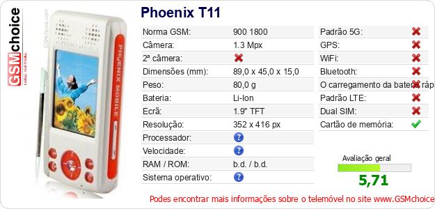 Phoenix T11 Especificações técnicas do telemóvel Phoenix T11 Especificações técnicas do telemóvel