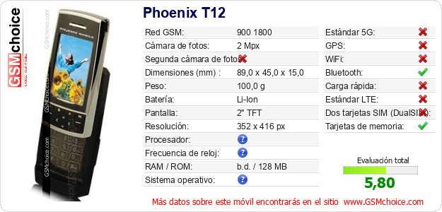 Phoenix T12 Datos técnicos del móvil Phoenix T12 Datos técnicos del móvil
