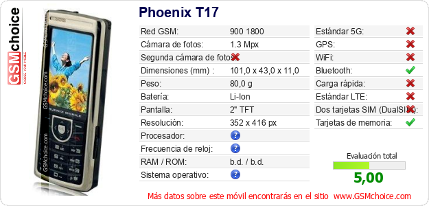 Phoenix T17 Datos técnicos del móvil Phoenix T17 Datos técnicos del móvil