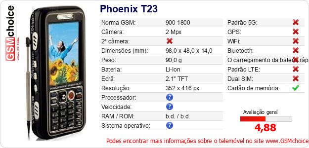 Phoenix T23 Especificações técnicas do telemóvel Phoenix T23 Especificações técnicas do telemóvel