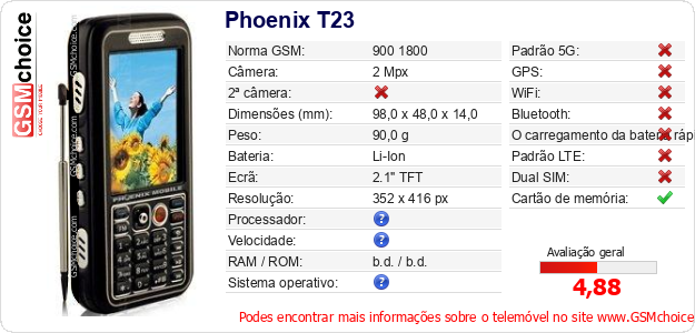 Phoenix T23 Especificações técnicas do telemóvel Phoenix T23 Especificações técnicas do telemóvel