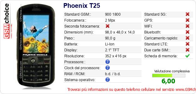Phoenix T25 Dati tecnici di telefono cellulare 