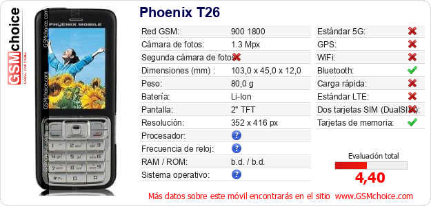 Phoenix T26 Datos técnicos del móvil Phoenix T26 Datos técnicos del móvil