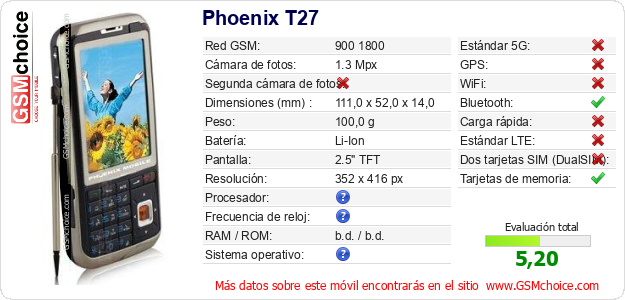 Phoenix T27 Datos técnicos del móvil Phoenix T27 Datos técnicos del móvil