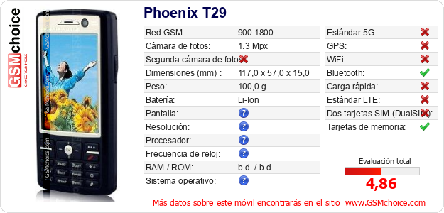 Phoenix T29 Datos técnicos del móvil 