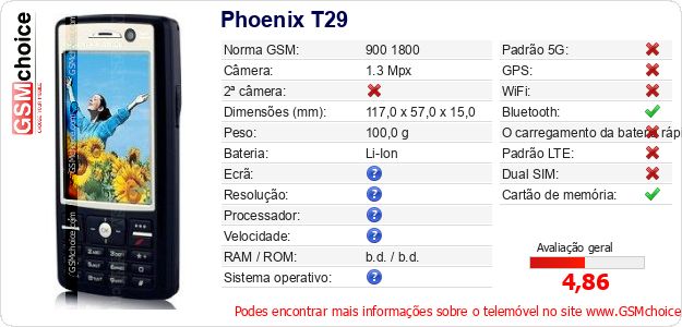 Phoenix T29 Especificações técnicas do telemóvel Phoenix T29 Especificações técnicas do telemóvel