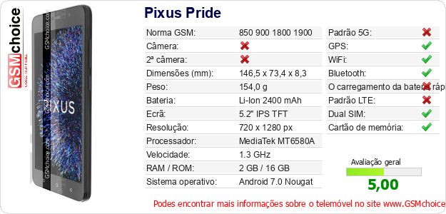 Pixus Pride Especificações técnicas do telemóvel Pixus Pride Especificações técnicas do telemóvel