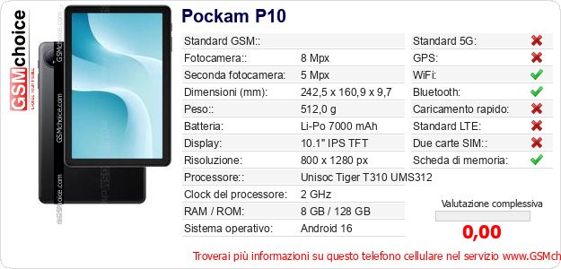 Pockam P10 Dati tecnici di telefono cellulare 