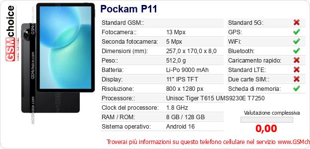 Pockam P11 Dati tecnici di telefono cellulare Pockam P11 Dati tecnici di telefono cellulare