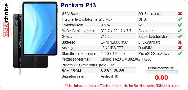 Pockam P13 technische Daten Pockam P13 technische Daten
