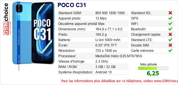 POCO C31 Fiche technique POCO C31 Fiche technique