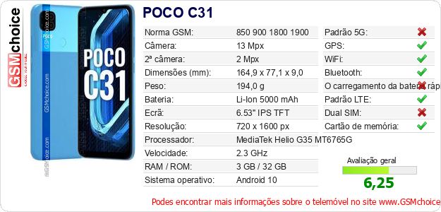 POCO C31 Especificações técnicas do telemóvel POCO C31 Especificações técnicas do telemóvel