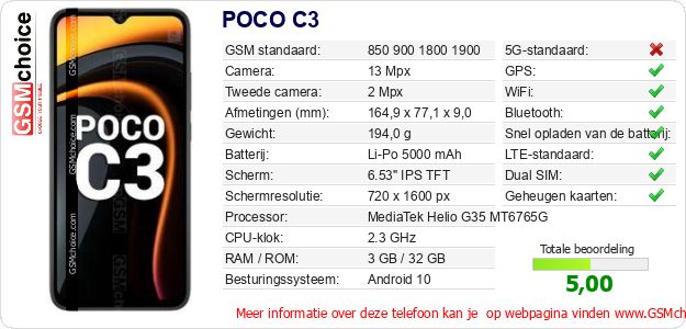 POCO C3 Technische gegevens POCO C3 Technische gegevens