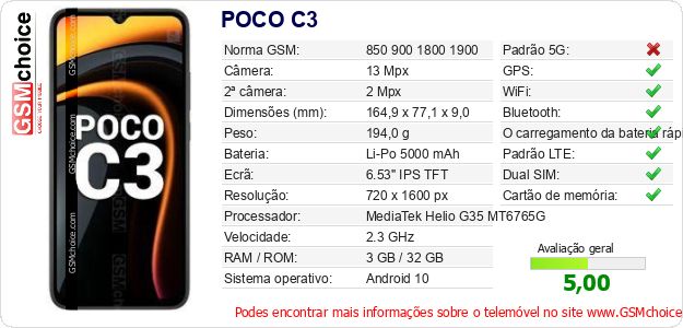 POCO C3 Especificações técnicas do telemóvel POCO C3 Especificações técnicas do telemóvel