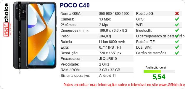 POCO C40 Especificações técnicas do telemóvel POCO C40 Especificações técnicas do telemóvel