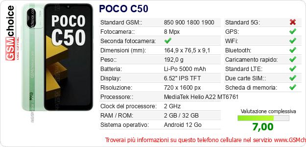 POCO C50 Dati tecnici di telefono cellulare 