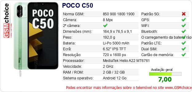 POCO C50 Especificações técnicas do telemóvel POCO C50 Especificações técnicas do telemóvel