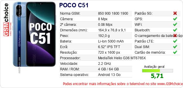 POCO C51 Especificações técnicas do telemóvel POCO C51 Especificações técnicas do telemóvel