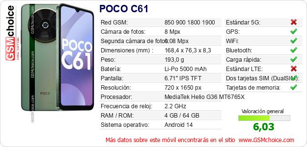 POCO C61 Datos técnicos del móvil 
