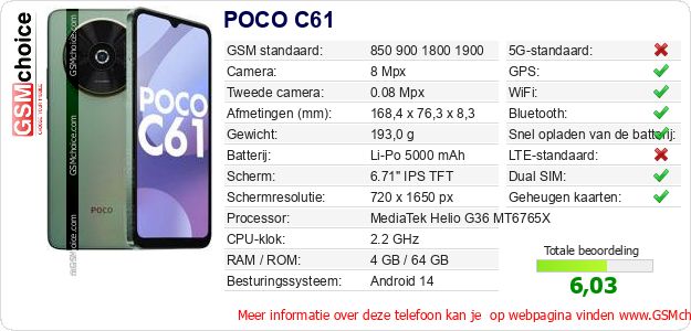 POCO C61 Technische gegevens 
