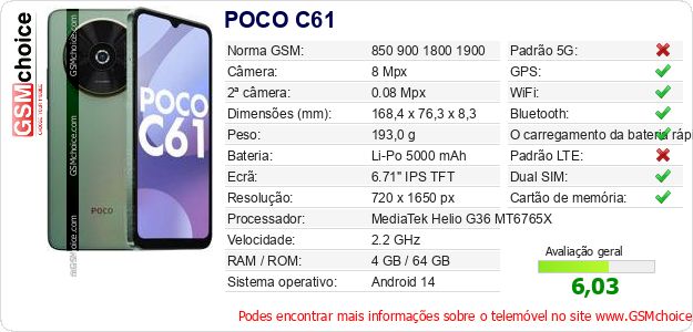 POCO C61 Especificações técnicas do telemóvel 