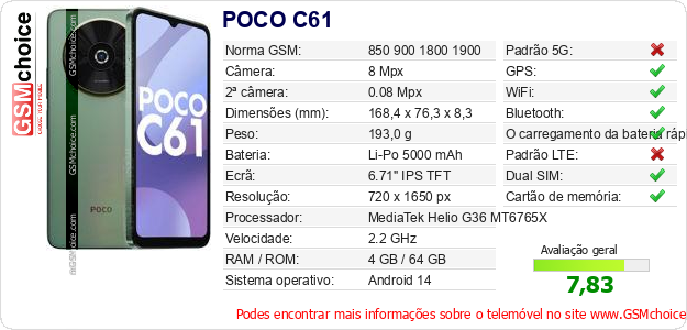 POCO C61 Especificações técnicas do telemóvel 