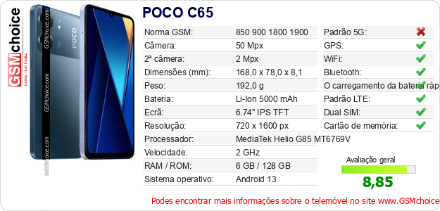 POCO C65 Especificações técnicas do telemóvel POCO C65 Especificações técnicas do telemóvel