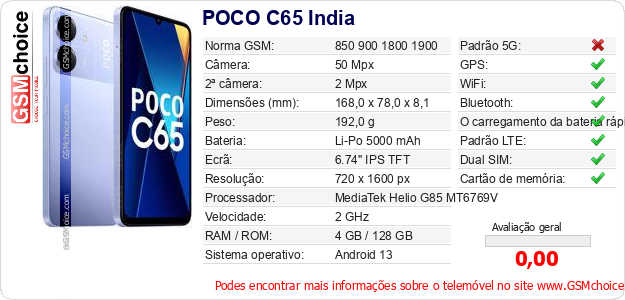 POCO C65 India Especificações técnicas do telemóvel 