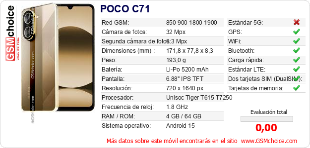POCO C71 Datos técnicos del móvil POCO C71 Datos técnicos del móvil