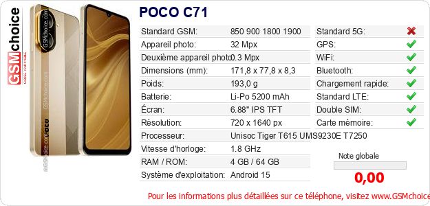 POCO C71 Fiche technique POCO C71 Fiche technique