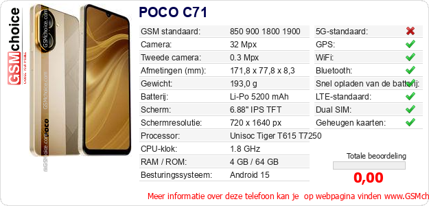 POCO C71 Technische gegevens 