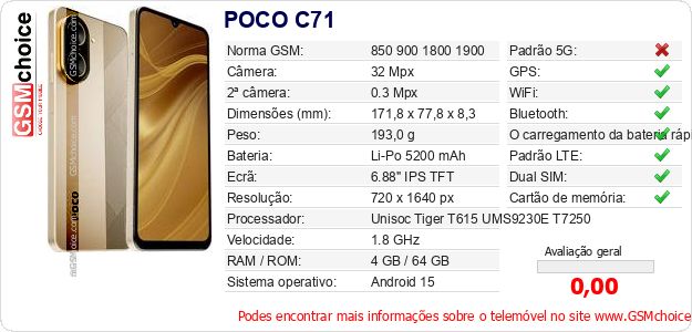 POCO C71 Especificações técnicas do telemóvel POCO C71 Especificações técnicas do telemóvel