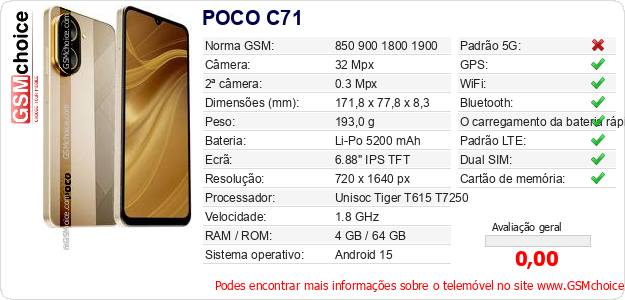 POCO C71 Especificações técnicas do telemóvel 